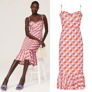 Slate & Willow Polka Dot Bustier Midi Dress Pink Orange Satin Size L